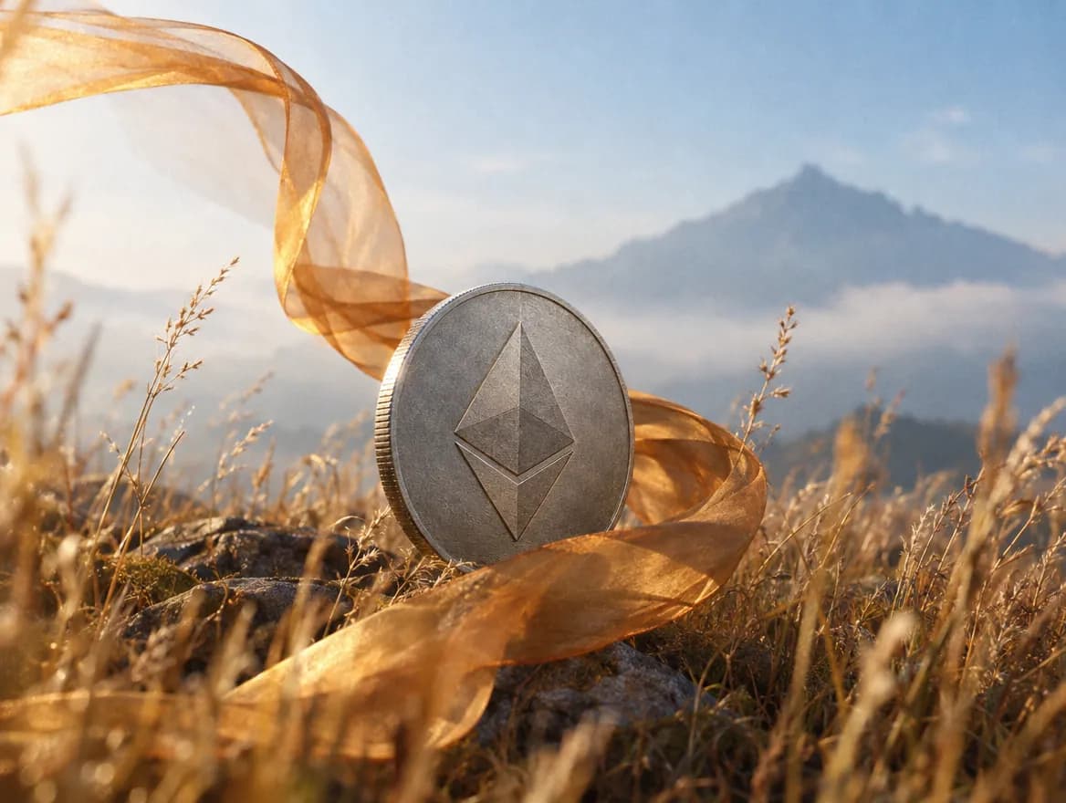 A silver Ethereum coin among golden grass with an amber ribbon