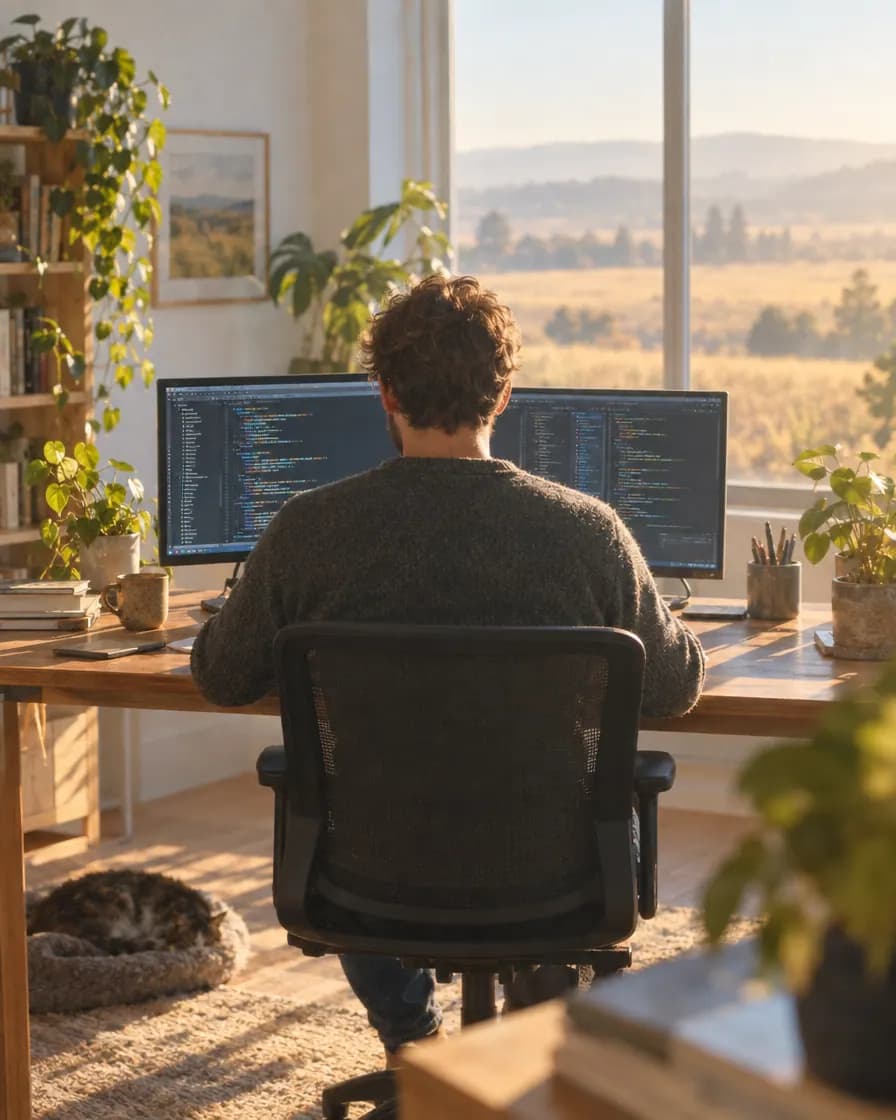 A developer at two monitors in a bright room